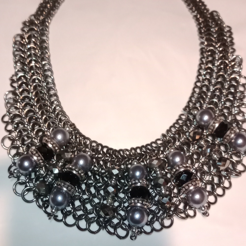 Traci Lynn Faux Pearl Rhinestone Ball Beaded Cluster Bib Statement Necklace!